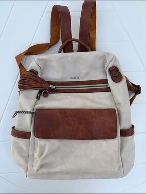 Beige and Brown Women's Backpack with Tassel Accent
